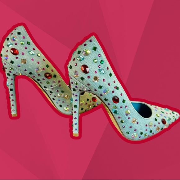 NWT Azalea Wang ‘Camellia’ Pointed Toe Stiletto Pump in “Blue Denim” Jeweled 6 - Picture 11 of 16
